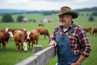 Ferme avec fermier souriant et vaches laitières dans un paysage rural