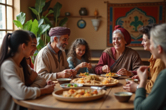Groupe multiculturel partageant un repas traditionnel