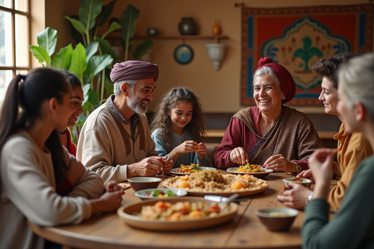 Groupe multiculturel partageant un repas traditionnel