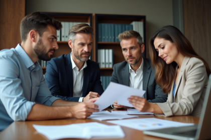 Groupe de professionnels en réunion de travail dans un bureau moderne