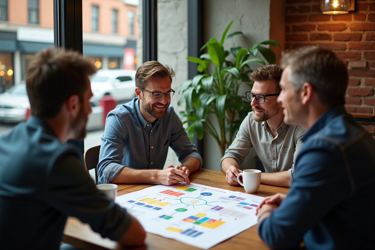 Groupe de stratèges marketing discutant autour d un café