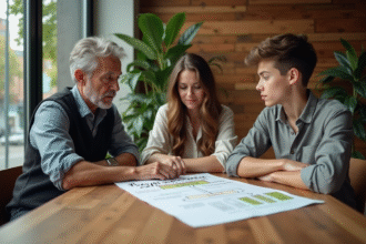 Groupe diversifié discutant autour d'un poster sur le développement durable