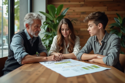 Groupe diversifié discutant autour d'un poster sur le développement durable