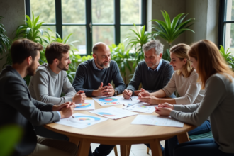 Groupe d'adultes autour d'une table en environnement écologique