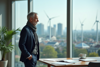 Homme d'affaires en costume regardant la ville durable