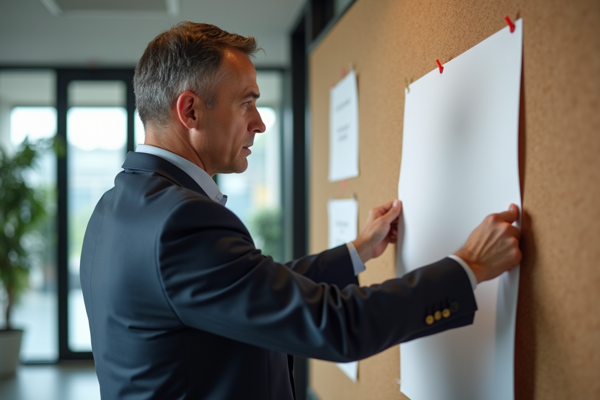 Homme en costume collant une affiche dans un bureau
