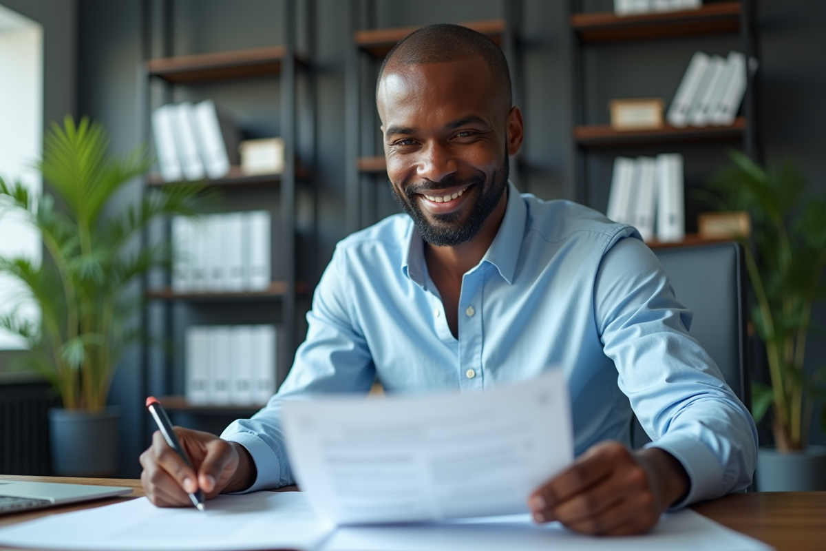 Homme africain d'âge moyen en bureau avec documents financiers