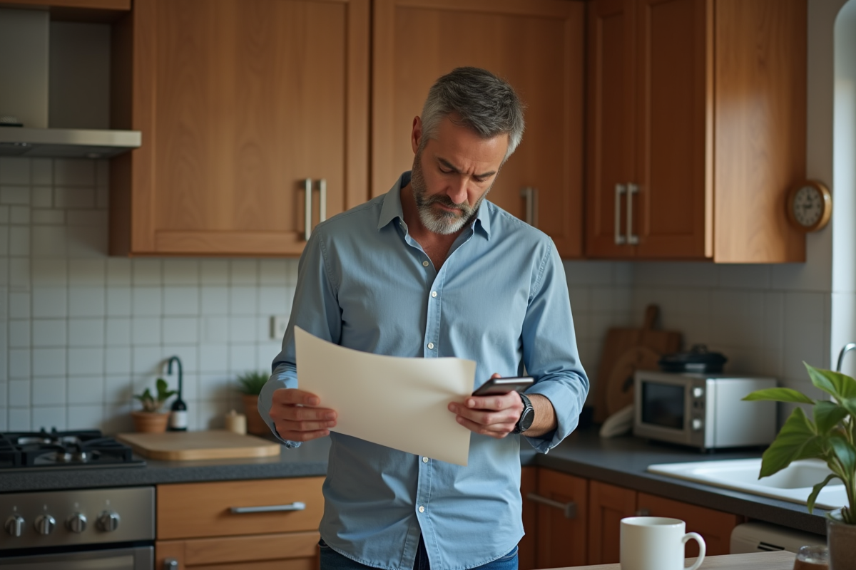 Homme dans la cuisine tient un contrat et téléphone