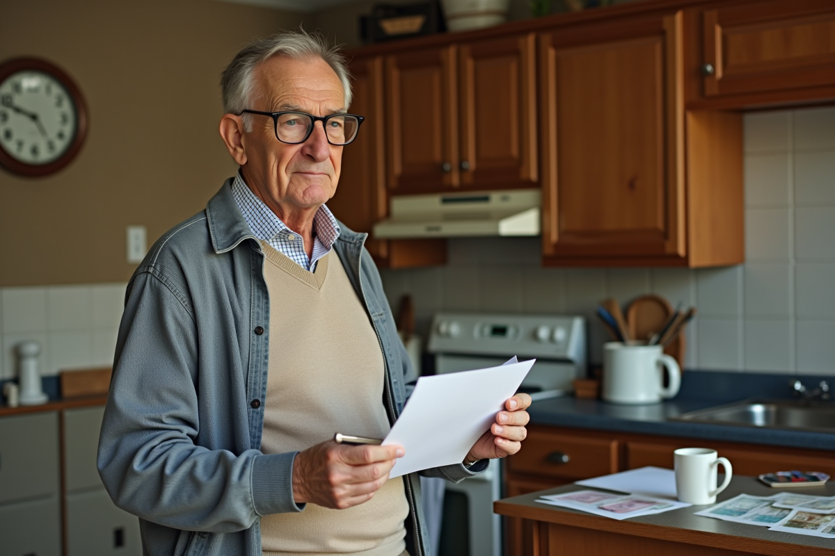 Homme dans sa cuisine tenant une lettre en réflexion
