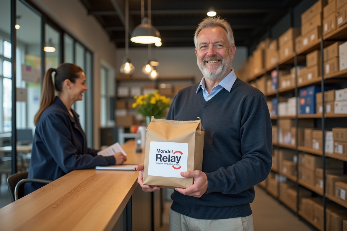 Homme remettant un colis Mondial Relay au comptoir d