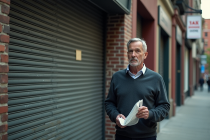 Homme d'âge moyen devant une boutique fermée en ville