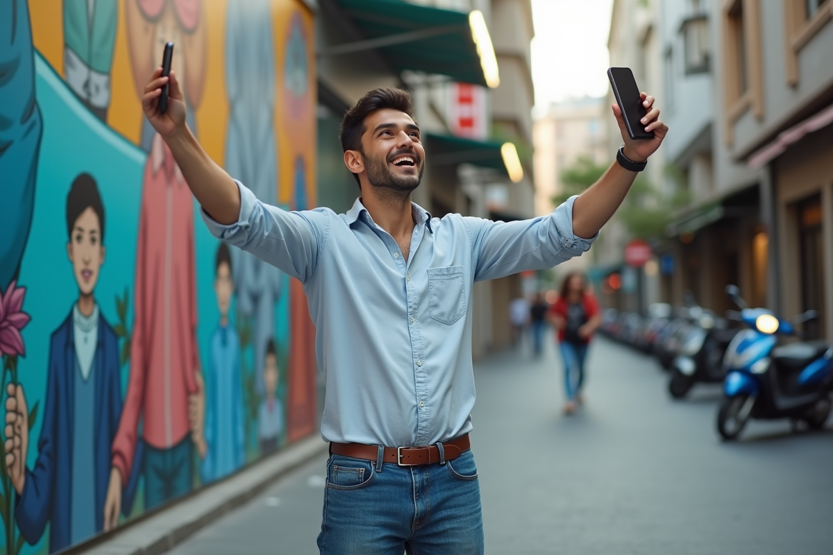 Homme filmant une scène urbaine avec mural coloré
