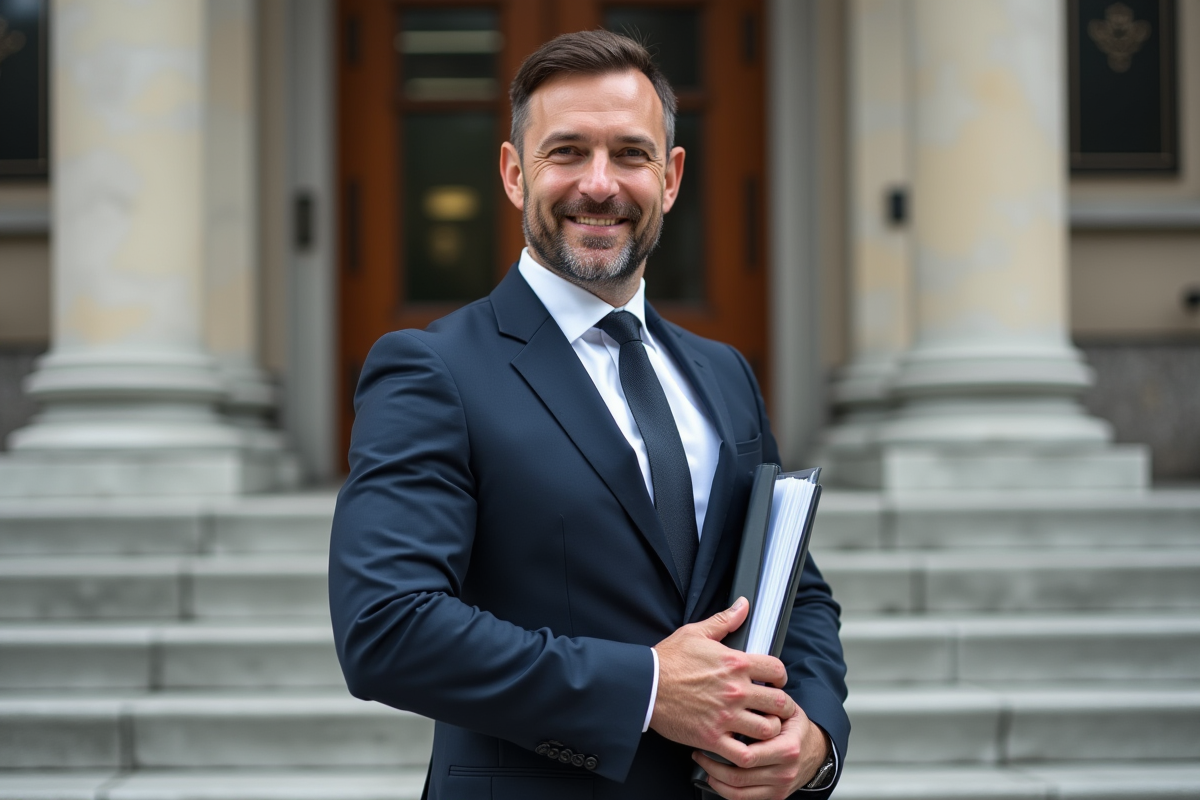 Expert juridique posant devant un bâtiment de justice