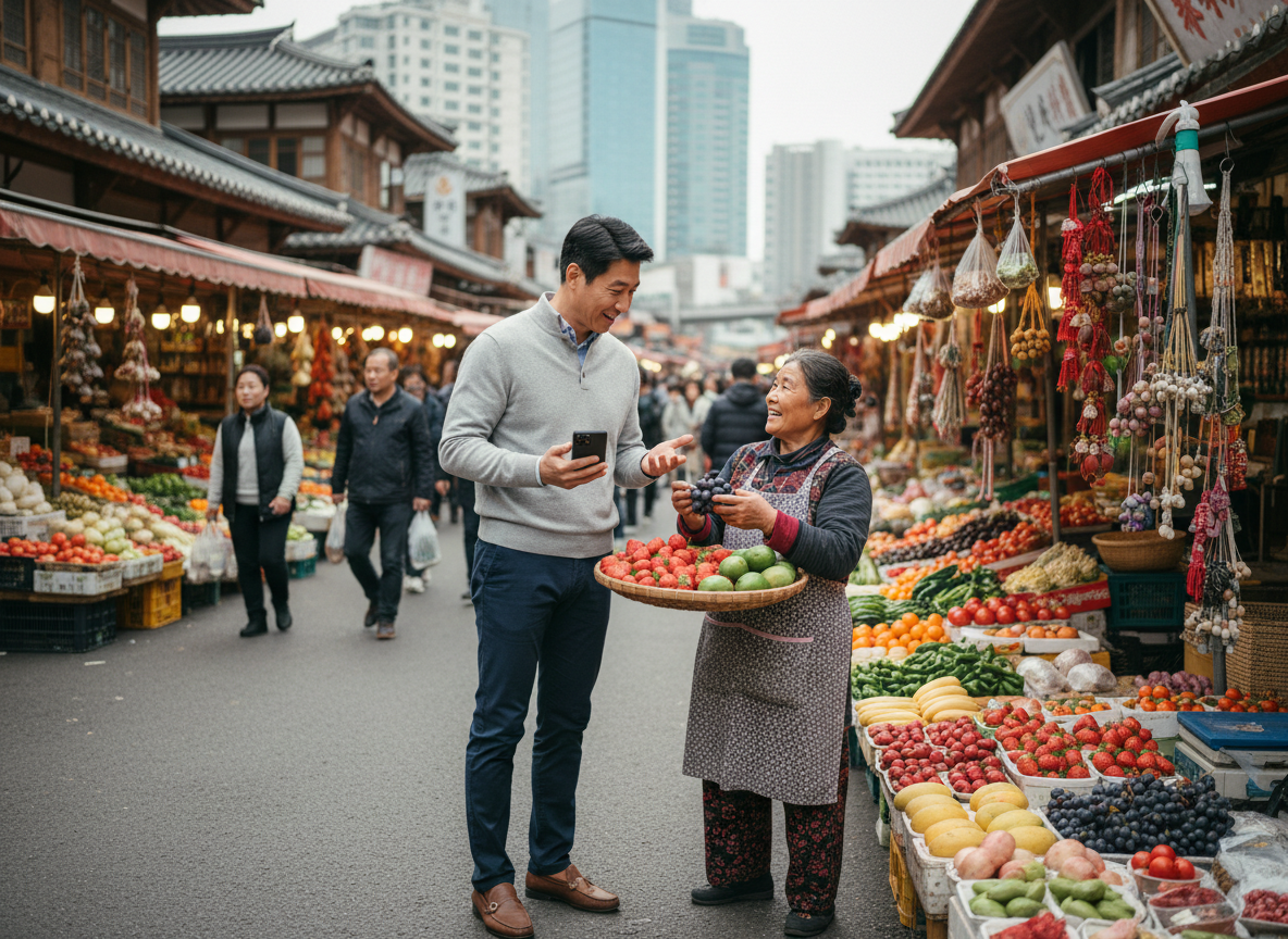 Homme asiatique discutant avec vendeur au marché local