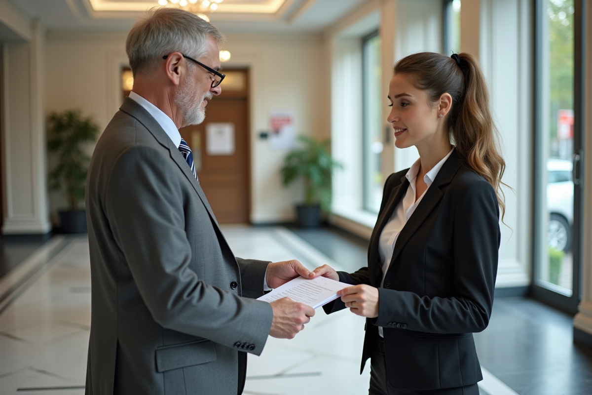 Homme âgé remettant un formulaire à une jeune femme en mairie