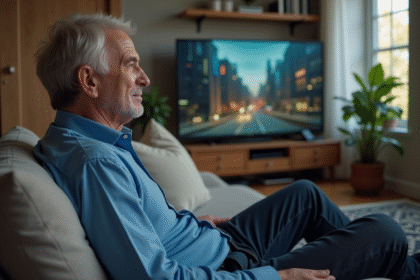 Homme d'âge moyen regardant la télévision dans un salon moderne