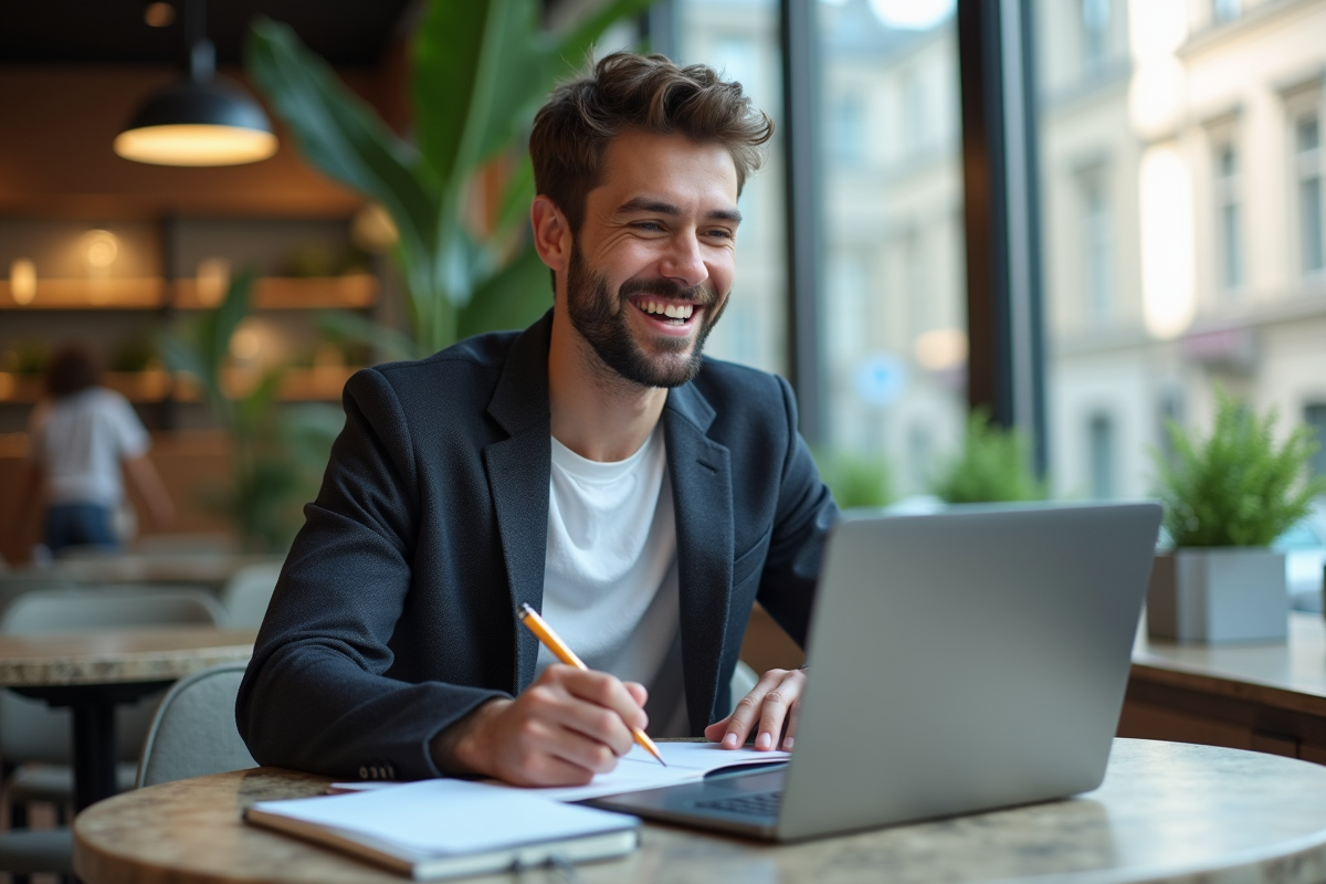 Jeune homme en visioconference dans un espace de coworking