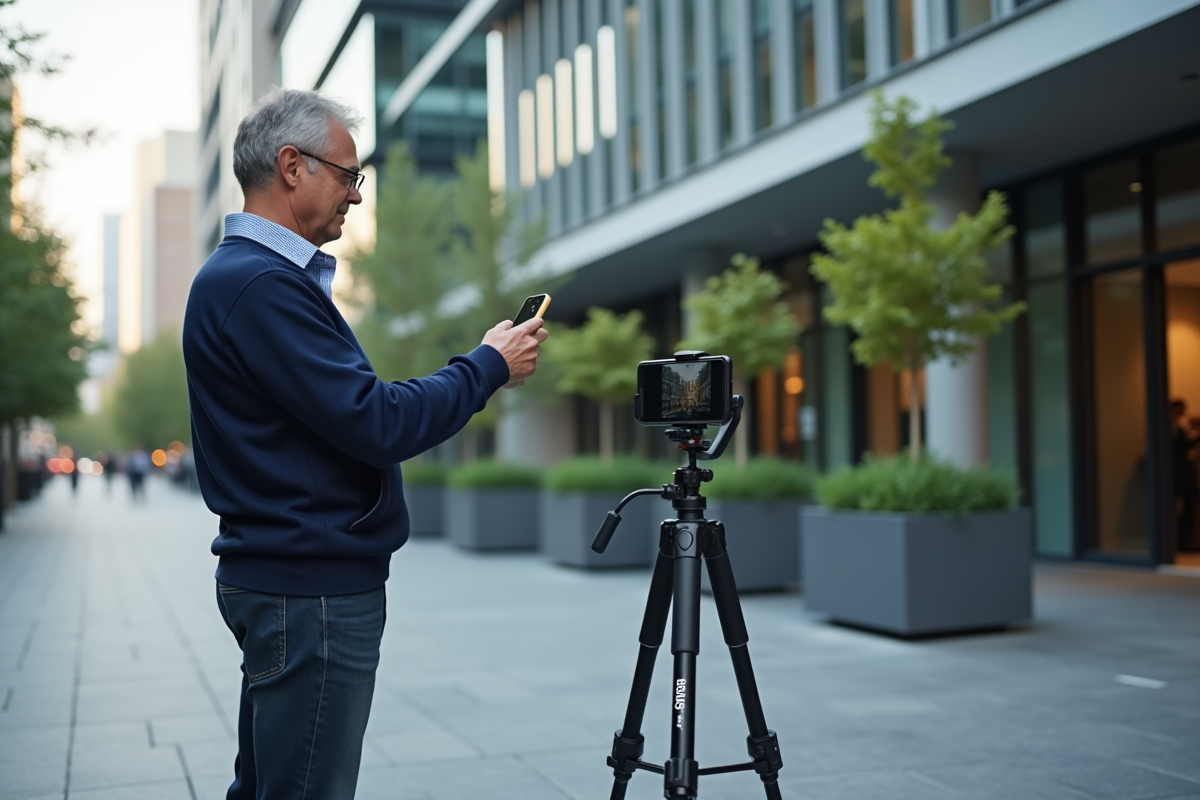 Homme enregistrant un vlog en extérieur dans la ville