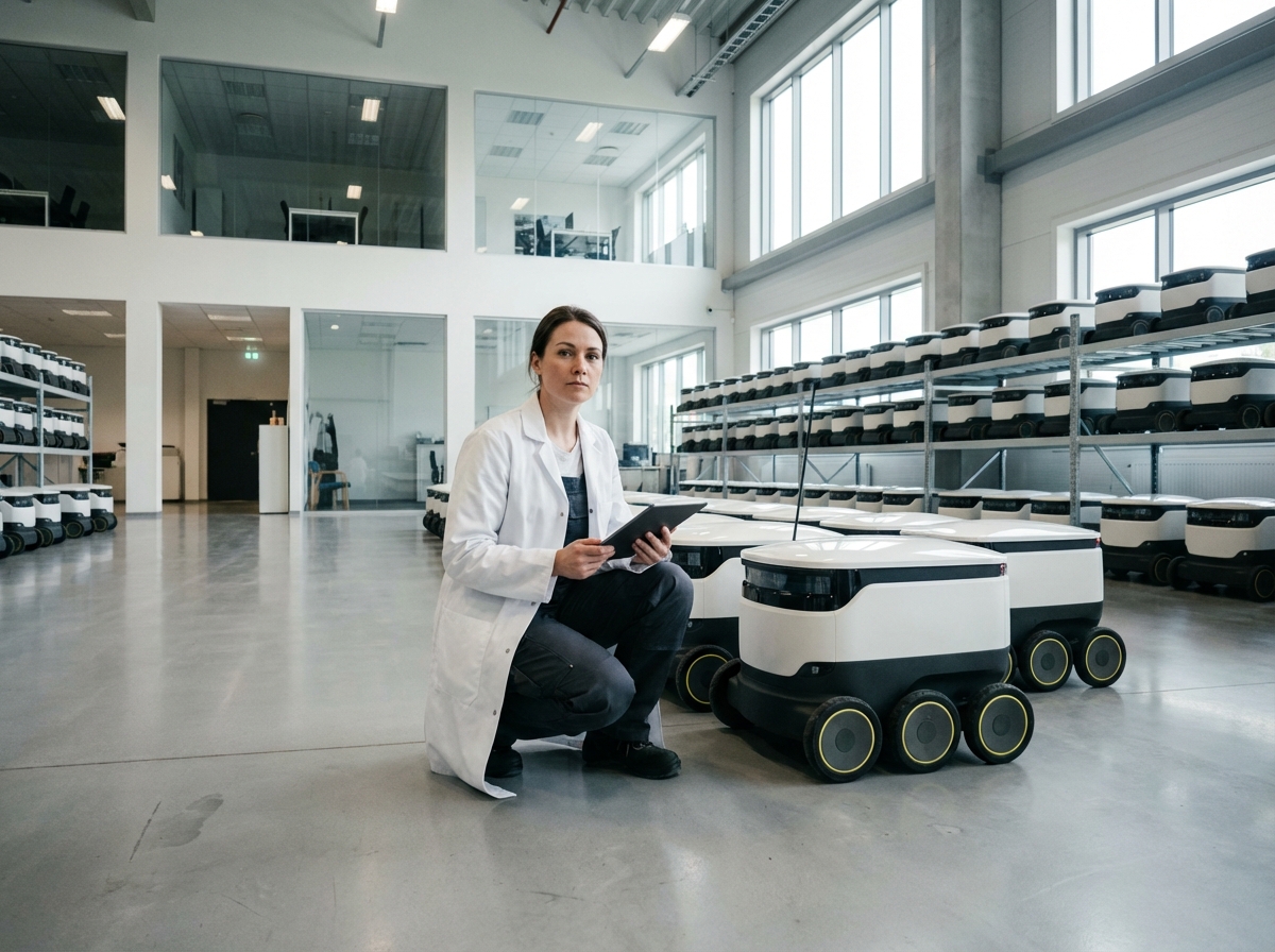 Ingénieure vérifie des robots de livraison dans un entrepôt hightech