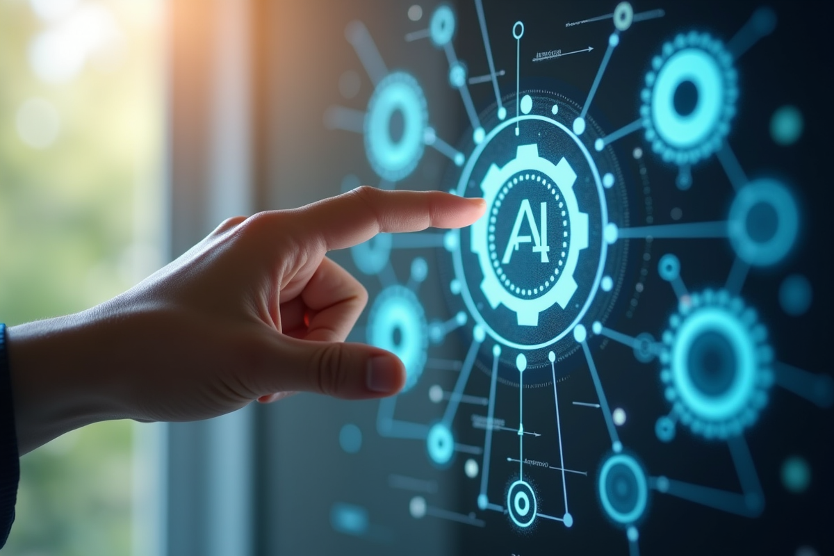 Main touchant une interface holographique avec engrenages et icônes IA