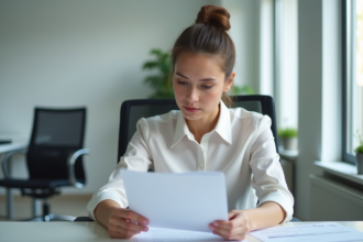 Jeune femme d'affaires au bureau en train de revoir des papiers