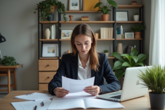 Jeune femme en bureau moderne avec documents et plantes