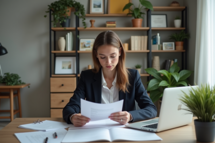 Jeune femme en bureau moderne avec documents et plantes
