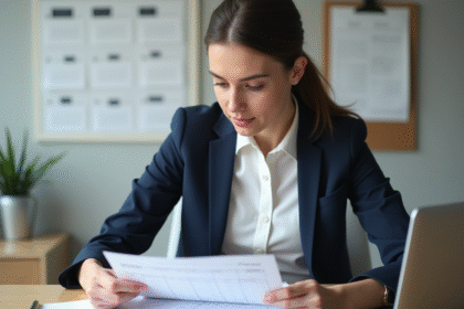 Jeune femme au bureau consulte un tempsheet avec concentration