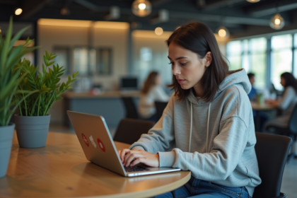 Jeune femme concentrée sur son ordinateur dans un espace coworking