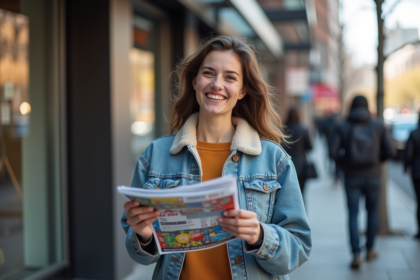 Jeune femme souriante distribuant des flyers en ville