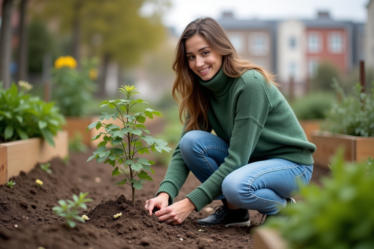 Jeune femme plantant un jeune arbre dans un jardin communautaire