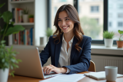 Jeune femme en blazer bleu travaille sur son CV dans un appartement lumineux
