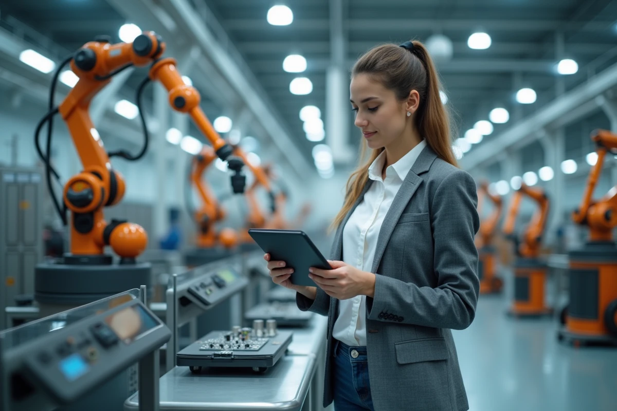 Jeune femme chercheuse observant robots modernes