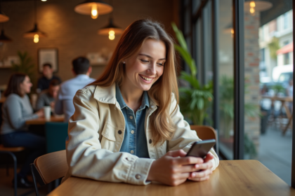 Jeune femme souriante avec smartphone dans un café moderne