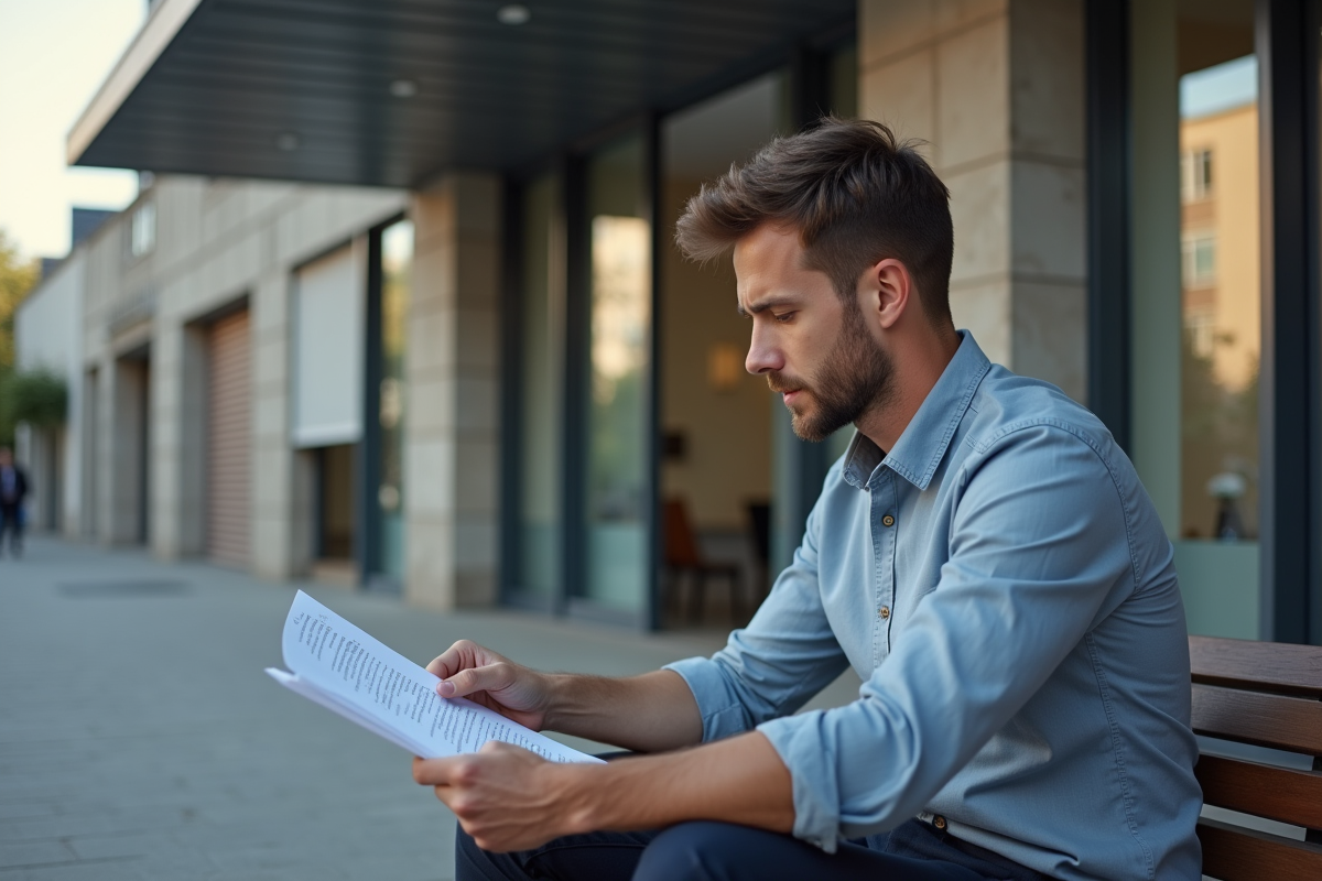 Jeune homme vérifiant des documents devant une agence emploi