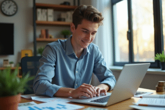 Jeune professionnel analysant des graphiques financiers sur son ordinateur dans un bureau moderne