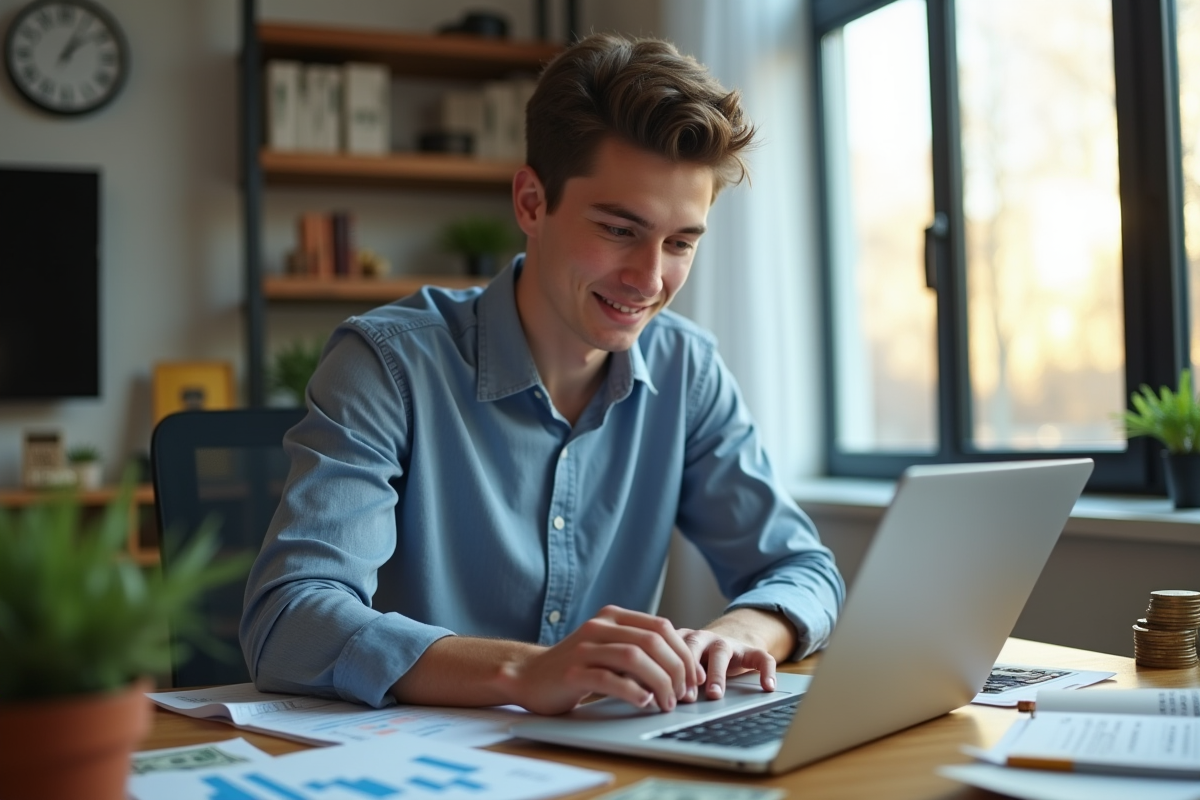 Jeune professionnel analysant des graphiques financiers sur son ordinateur dans un bureau moderne