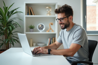 Jeune homme programmeur au bureau en train de planifier un email