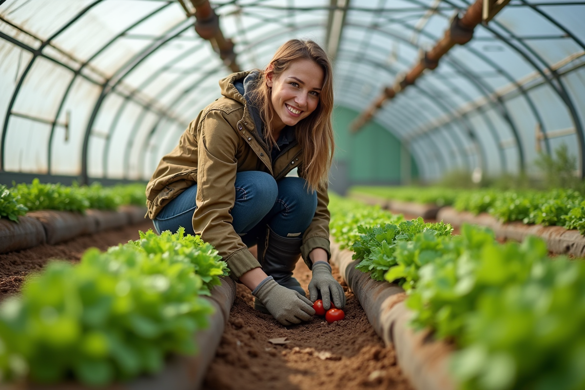Jeune femme inspectant des légumes dans une serre moderne
