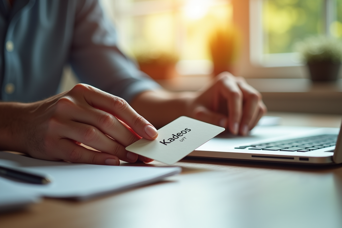 Main posant une carte cadeau Kadeos sur un bureau propre et lumineux