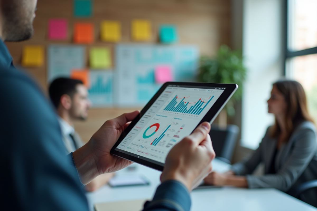 Main tenant une tablette avec graphiques analytiques colorés