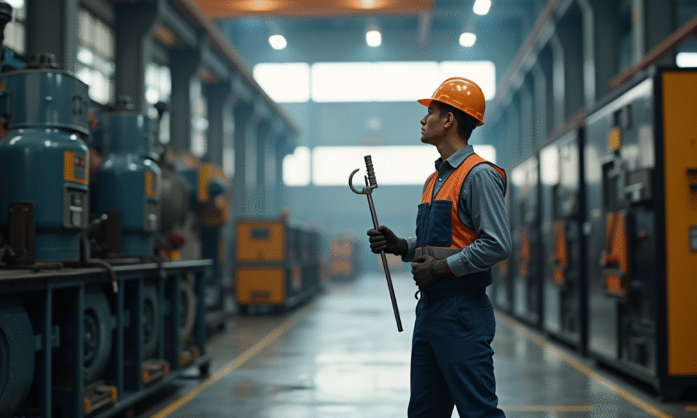 Ouvrier en sécurité près de machines industrielles