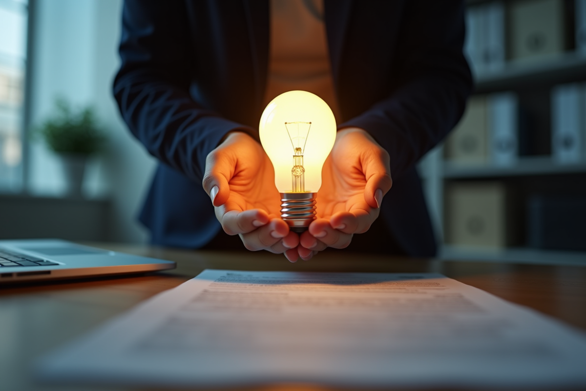 Personne dans un bureau moderne tenant une ampoule lumineuse