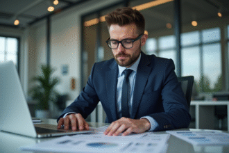 Professionnel en bureau avec ordinateur et liste de contacts