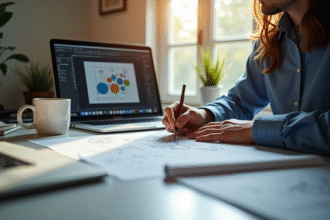 Professionnel créatif travaillant à un bureau moderne avec croquis et design digital