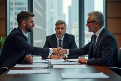 Trois professionnels d'affaires lors d'une réunion de fusion