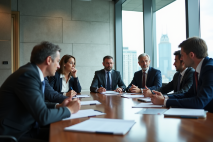 Groupe de professionnels en réunion dans une salle moderne