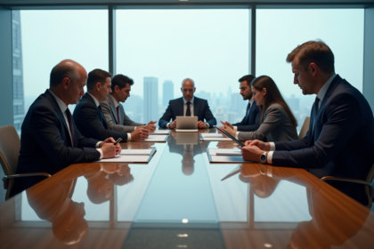 Groupe de dirigeants en réunion dans une salle moderne