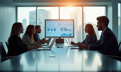 Salle de reunion moderne avec professionnels et tableau digital