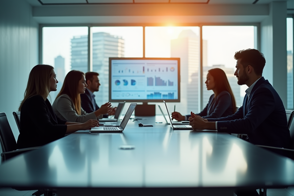 Salle de reunion moderne avec professionnels et tableau digital